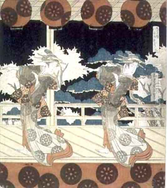 Two Dancers Perform on Stage from The Dance at Furuichi for the Hisakataya Group series Oil Painting - Yashima Gakutei