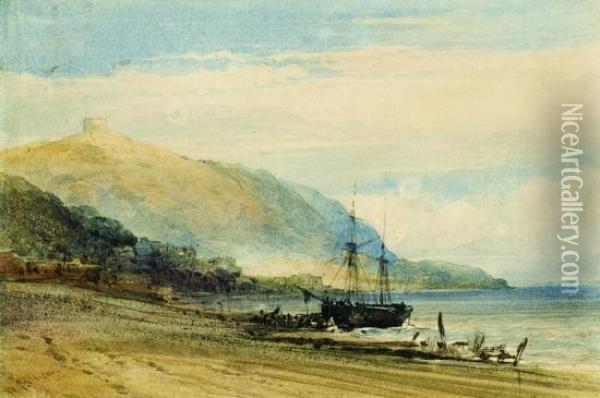 Fishing Boat On The Beach At Low Tide Oil Painting - William Callow