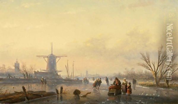 Figures On A Frozen Waterway Oil Painting - Jan Jacob Coenraad Spohler