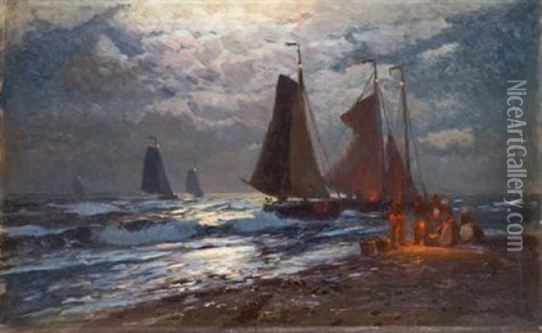 Fischer Im Lampenschein Am Abendlichen Strand Oil Painting - Heinrich Petersen-Angeln