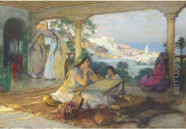 Elegant Ladies Sewing On A Verandah Oil Painting - Frederick Arthur Bridgman