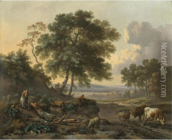 A Landscape With A Drover Resting His Cattle And Sheep, A Lakeside Town Beyond Oil Painting - Jan Wijnants