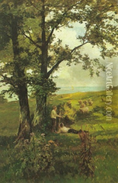Shepherds And Their Flock Resting Under A Tree, On The Isle Of Wight Oil Painting - Thomas James Lloyd