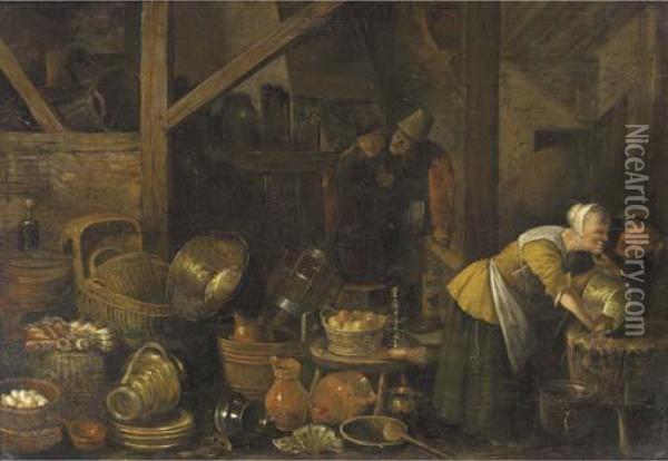 A Kitchen Interior With Peasants Oil Painting - Dirck Wyntrack