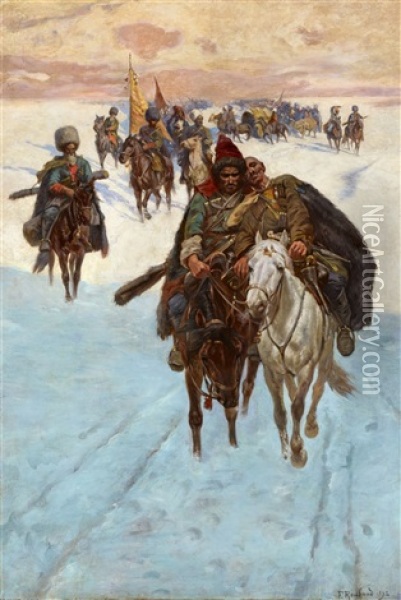 The Wounded Cossack Oil Painting - Franz Roubaud