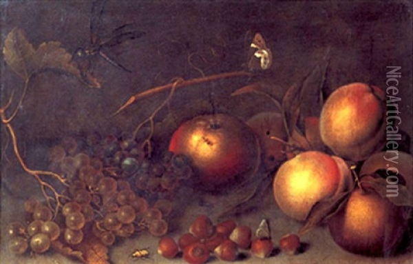 Nature Morte Aux Raisins, Peches Et Noisettes Oil Painting - Jacob van Hulsdonck