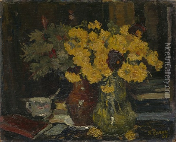 Still Life With Flowers And Books Oil Painting - Petr Ivanovich Kelin