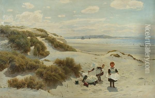 Children On The Beach By The Dunes, Blundell Sands, Liverpool, Looking Over To The Wirral Oil Painting - Thomas Huson