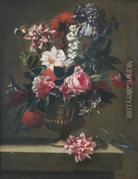 Blumenstilleben In Einer Reliefierten Henkelamphora Auf Steinpodest Oil Painting - Jean-Baptiste Belin de Fontenay the Elder