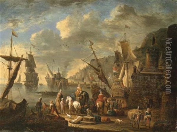 Oriental Merchants In An Imaginary Mediterranean Port Oil Painting - Jan-Baptiste van der Meiren