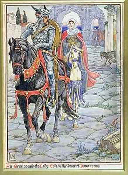 Sir Geraint and the Lady Enid in the Deserted Roman Town Oil Painting - Walter Crane