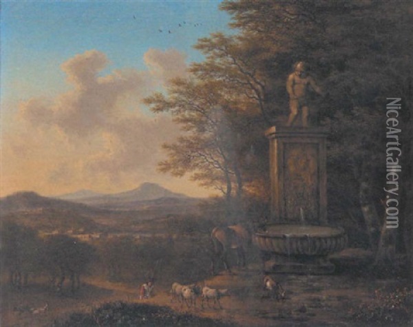 An Extensive Landscape With A Shepard And His Flock At A Fountain Oil Painting - Willem de Heusch