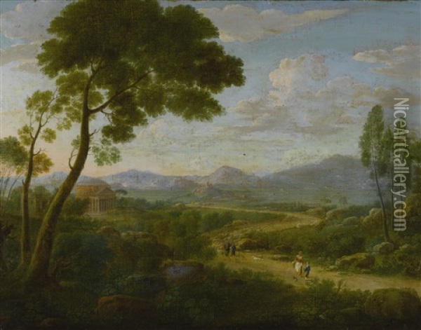Extensive Landscape With Travelers On A Road, Roman Temples Beyond Oil Painting - Hendrick Frans van Lint