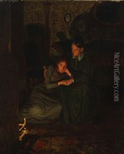 Interior With Two Contemplating Women In Front Of The Fireplace Oil Painting - Axel Theofilus Helsted