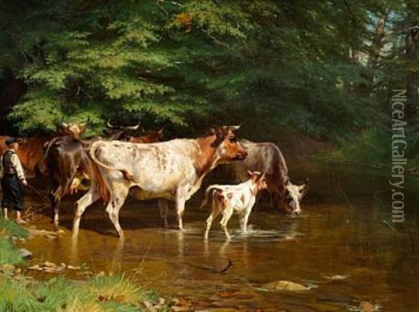 The Cows Are Being Watered Oil Painting - Adolf Heinrich Mackeprang