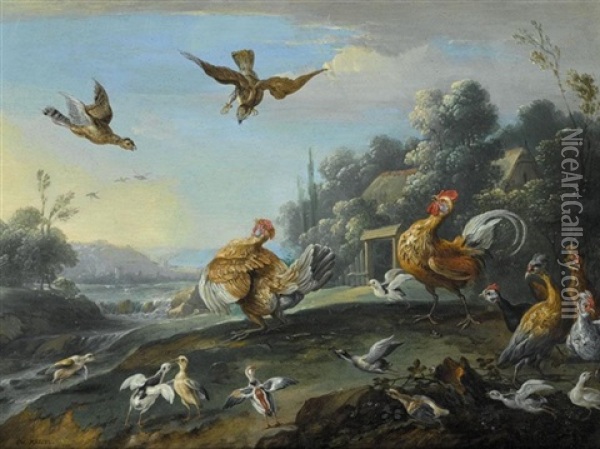 Chickens And Their Young Disturbed By Sparrow Hawks Oil Painting - Jan van Kessel the Elder