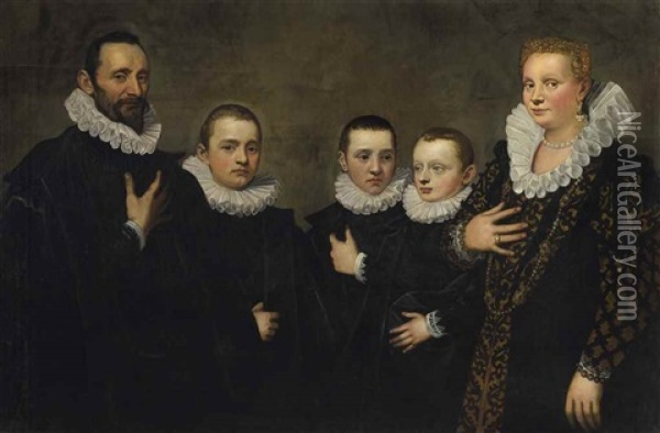 Portrait Of An Aristocratic Family, Possibly Francesco Trento With His Wife And Sons Oil Painting - Giovanni Antonio Fasolo