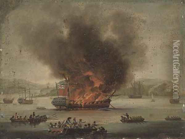A frigate ablaze offshore Oil Painting - Dominic Serres