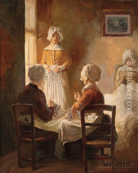 A Pause In The Day's Needlework Oil Painting - Joseph Bail