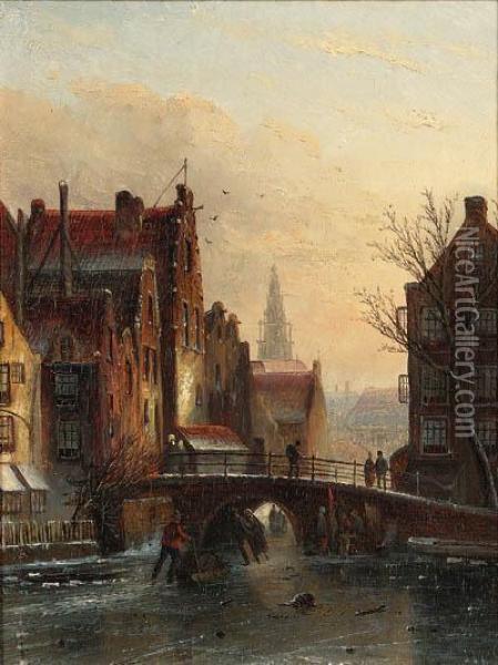 View Of The Grimburgwal On The Rokin, Amsterdam With The Zuiderkerkin The Distance Oil Painting - Jan Jacob Coenraad Spohler