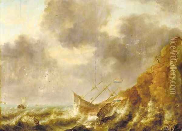 A shipwreck off a rocky coastline Oil Painting - Jan Peeters