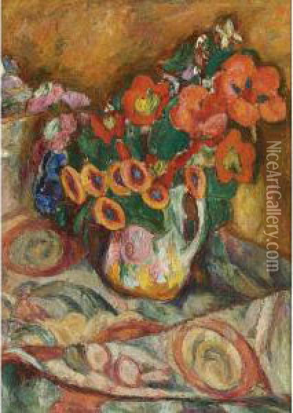 Flowers On A Floral Tablecloth, Circa 1930 Oil Painting - Abraham Manievich