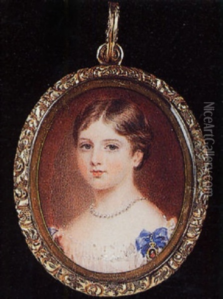 Princess Victoria Wearing A Pearl Necklace And Low-cut White Dress With Blue Ribbon Waistband Oil Painting - Anthony Stewart
