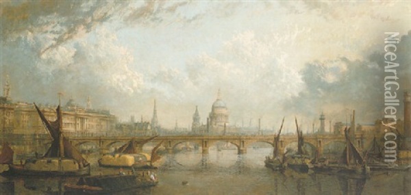 The River Thames At London Showing Waterloo Bridge, Somerhouse And St Paul's Cathedral Oil Painting - John Macvicar Anderson