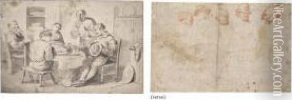 A Company Around A Table (recto); Sketches Of Five Heads Oil Painting - Egbert Jaspersz. van, the Elder Heemskerck