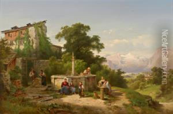 Lieto Incontro Alla Fontana Con Il Dachstein Sullo Sfondo Oil Painting - Anton Hansch