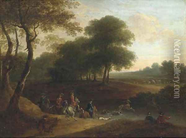 A stag hunt in a wooded landscape Oil Painting - Lazare Bruandet