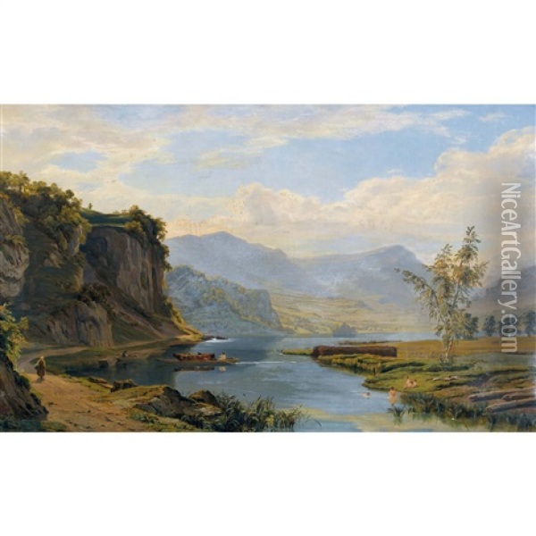Viehtransport Auf Dem Lauerzersee Mit Blick Auf Die Rigi Oil Painting - Abraham Sigmund A. von Bonstetten