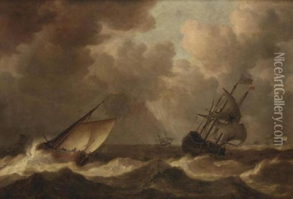 An English Man-of-war Before The Wind And A Close Hauled 'hoeker', As A Storm Approaches Oil Painting - Pieter the Younger Mulier