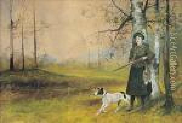 Na Polowaniu, 1908 R. Oil Painting - Juliusz Holzmutller