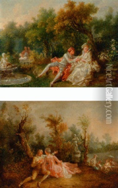 Elegant Couple Courting In A Park Oil Painting - Nicolas Lancret