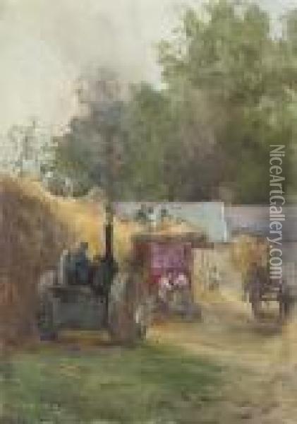 Threshing The Corn At Kilmurry, Co. Kilkenny Oil Painting - Mildred Anne Butler