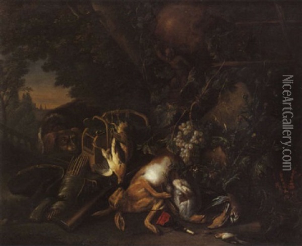Nature Morte Au Trophee De Chasse, Lievre Et Perdreaux Oil Painting - Adriaen de Gryef