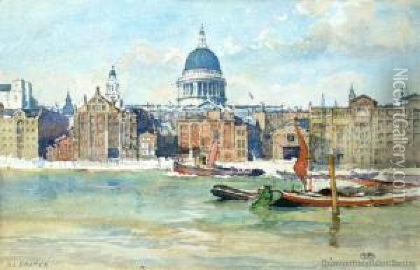 River Thames & St Pauls Cathedral, London Oil Painting - Alfred Ernest Baxter