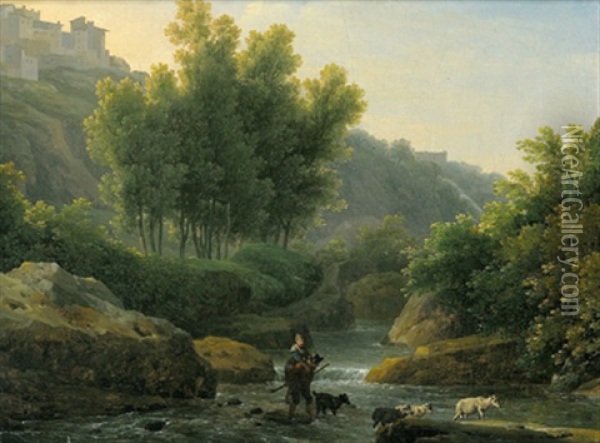 Bewaldete Flusslandschaft Mit Hirten, Eine Furt Durchquerend Oil Painting - Jacob Philipp Hackert