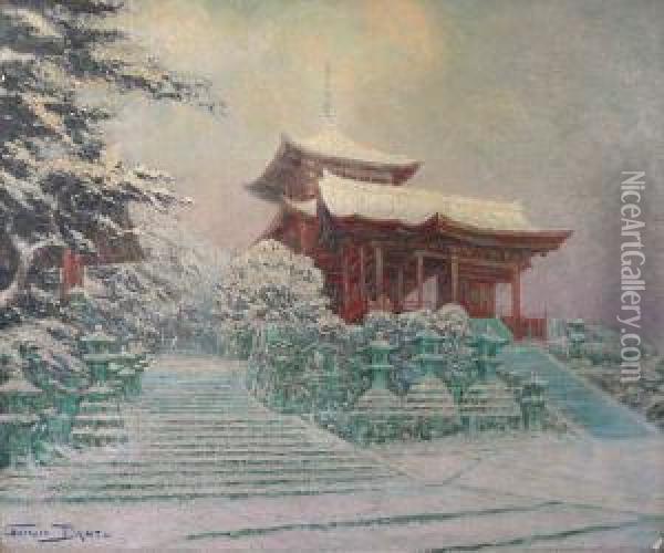 Un Templea Kyoto, Neige Oil Painting - Georges Dantu