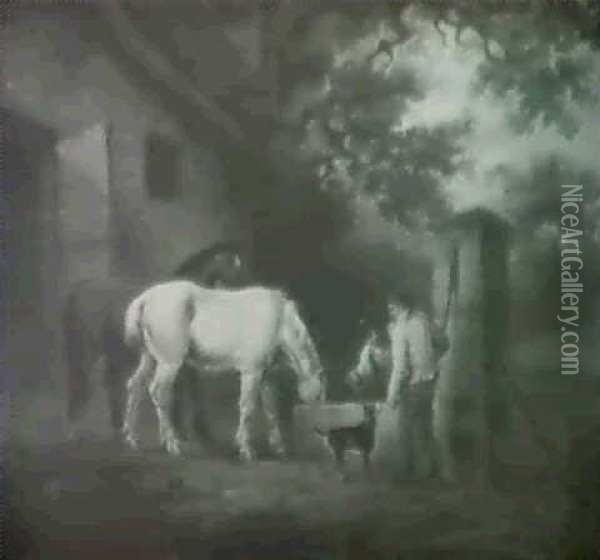 Farm Labourers And Two Horses At A Well Oil Painting - Charles Henry Schwanfelder