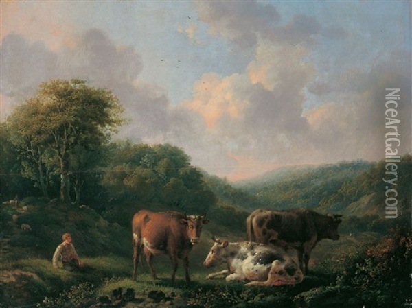 Landschaft Mit Vieh Und Rastendem Hirten Oil Painting - Adolf Karel Maximilian Engel
