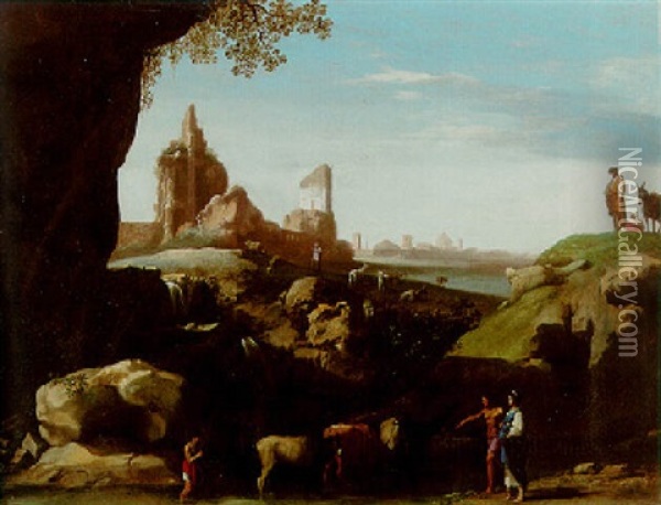 A Herdsman Watering Cattle At A Pool By An Outcrop, Peasants And Goatherds By Ruins Nearbly, Town Beyond Oil Painting - Cornelis Van Poelenburgh