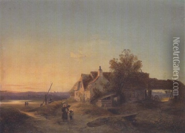 Bauernhaus Im Abendlicht Mit Figurenstaffage Oil Painting - Ignaz Raffalt