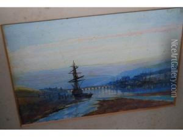 Inlet With Distant Bridge Oil Painting - Richard Henry Nibbs