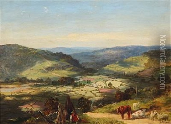 English Summer Landscape With A Shepherd Herding Sheep And Cattle Oil Painting - George Vicat Cole
