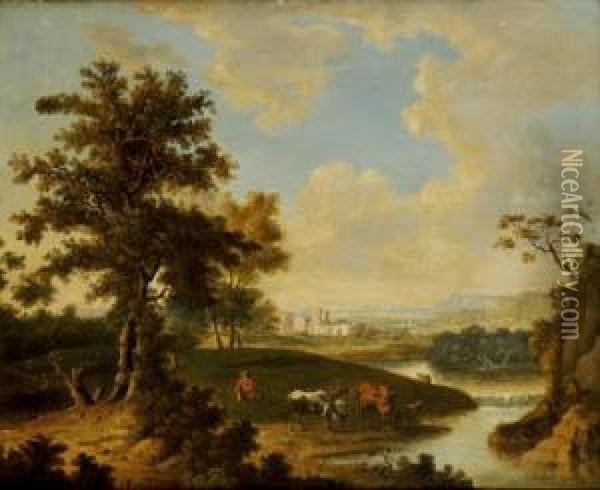 Shepherd Tending His Herd In A Continental Landscape Oil Painting - Abraham Pether