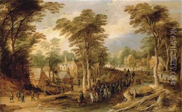 A Village Landscape With A Troup Of Cavalry And Soldiers On A Path Oil Painting - Joos de Momper the Younger