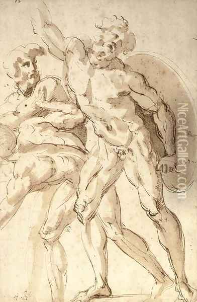 A nude warrior with a shield reaching up to the left, two crouching nudes to the left Oil Painting - Baccio Bandinelli