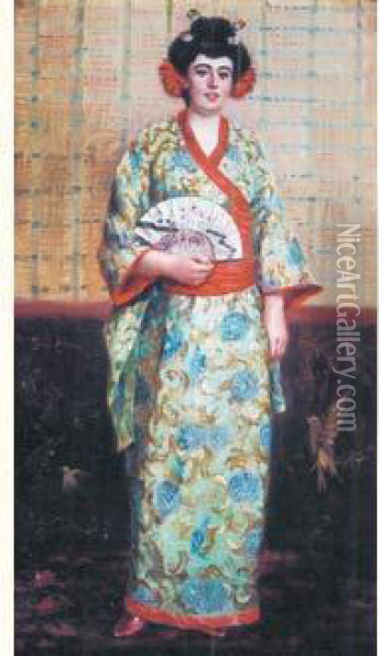 Femme En Costume Japonais Oil Painting - Gyula Tornai